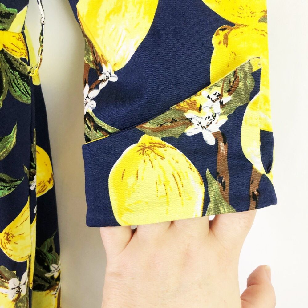 NWOT SUCREFAS Lemon Floral Navy Dress (M) Blue Retro Swing Fit & Flare - Picture 8 of 13